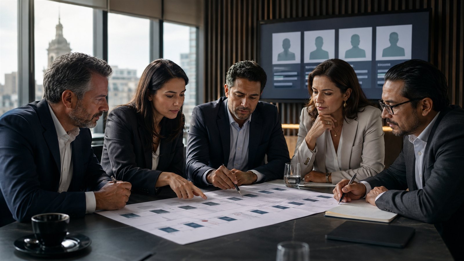Comité ejecutivo compara criterios, evidencia y riesgos antes de contratar un speaker para un evento corporativo.